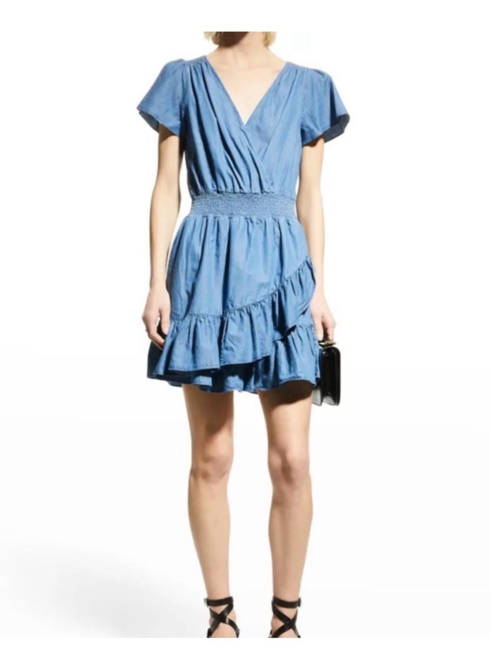 MICHAEL Michael Kors Faux Wrap Smocked Ruffle Dress in LT Cadet Wash NWT
